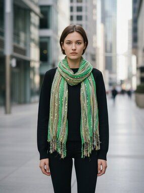 Green‎ with Silver Threads Multicolored Background Cotton Open Weave Scarf…